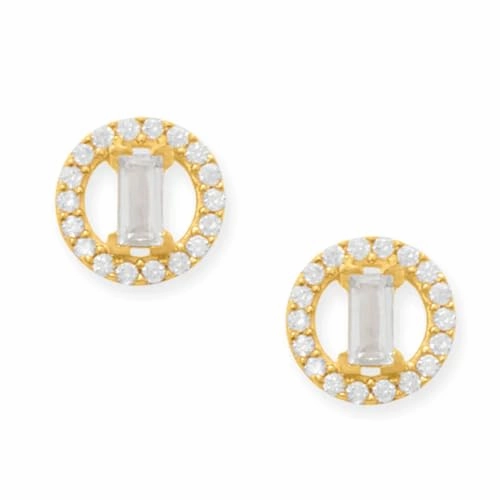Brilliant Piece Halo Stud Earrings with Baguette Cubic Zirconia 7.5mm Gold-plated
