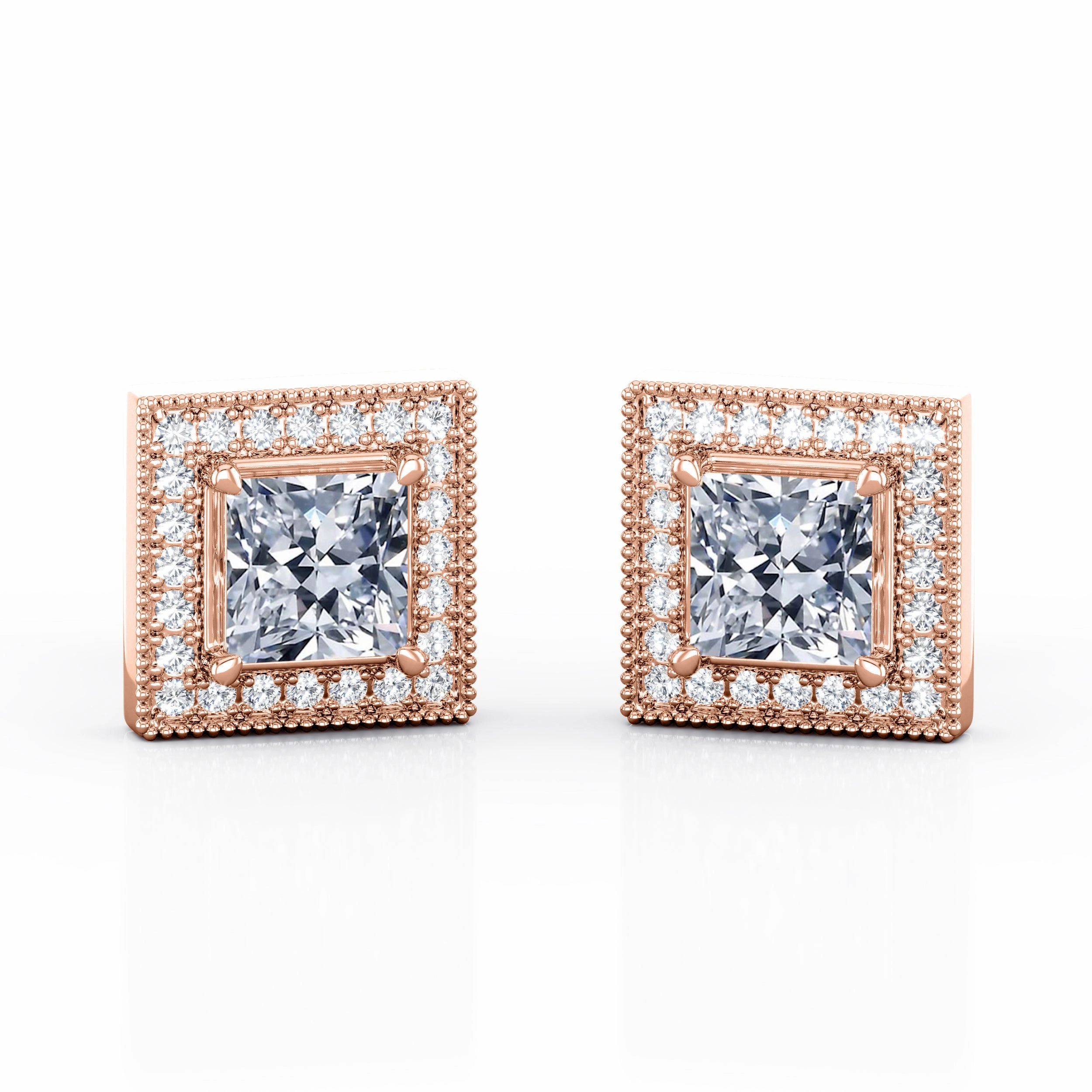 Art Deco 4 Prong 1.10 Carat Princess Cut Certified Moissanite and Diamond Surface Prong Ear Studs in Rose Gold Vintage design