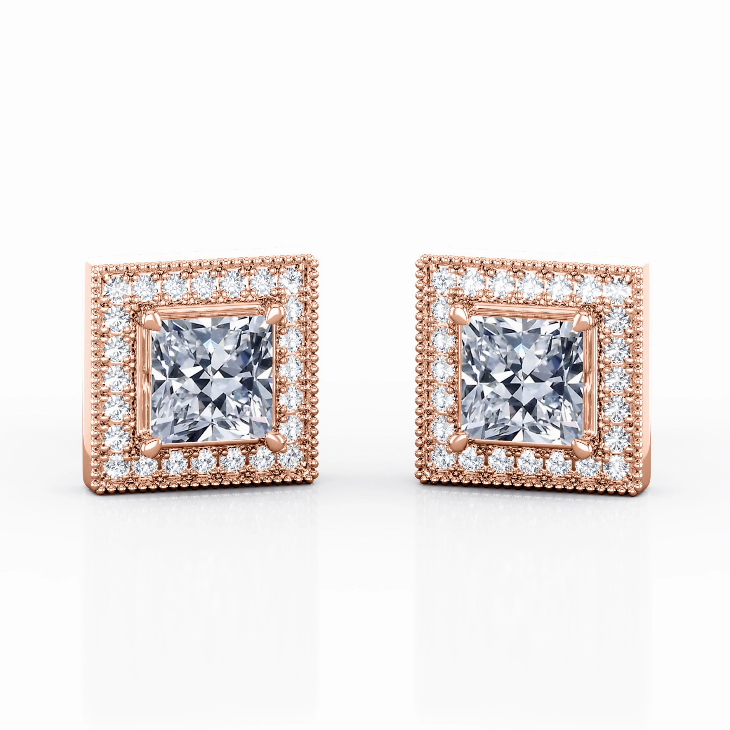 Safe Feature Art Deco 4 Prong 1.10 Carat Princess Cut Certified Moissanite and Diamond Surface Prong Ear Studs in Rose Gold