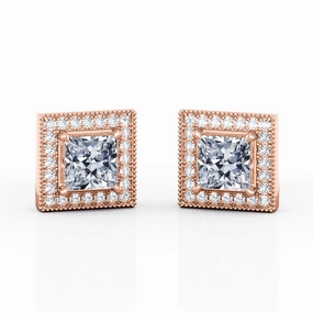 Safe Feature Art Deco 4 Prong 1.10 Carat Princess Cut Certified Moissanite and Diamond Surface Prong Ear Studs in Rose Gold