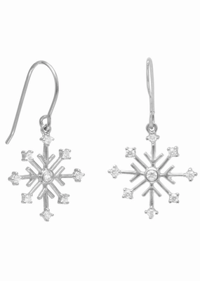 Snowflake Earrings with 9 Icy Cubic Zirconia Rhodium on Sterling Silver Minimalist Piece