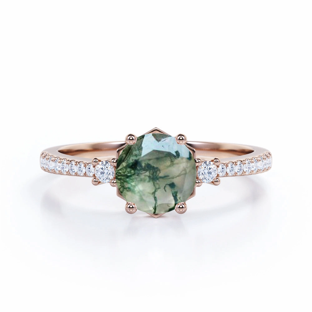 Family Gift Comfy Style Tapered 1.25 Carat Round Green Moss Agate Pave Ring