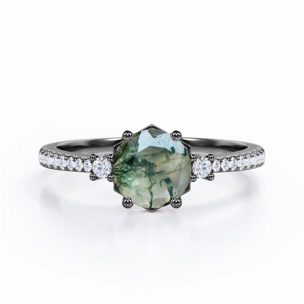 Ornate Style Exquisite Embellishment Tapered 1.25 Carat Round Green Moss Agate Pave Ring