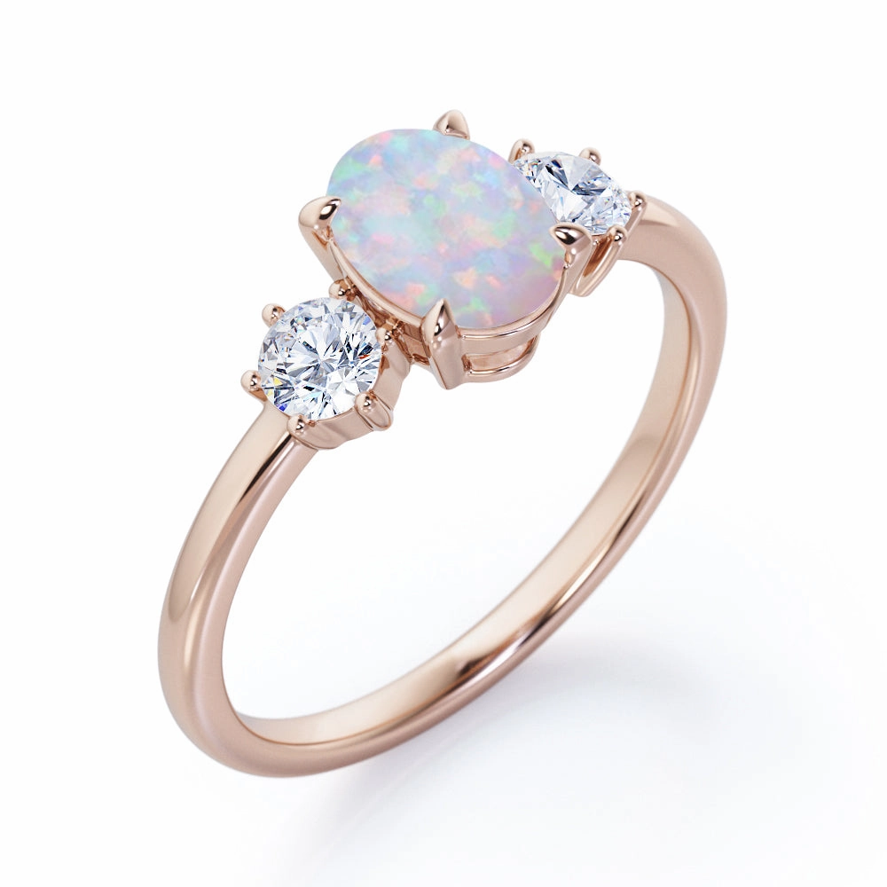 Strong Product Three Stone 1.1 Ct Oval Cut Lab Created Opal Engagement Ring