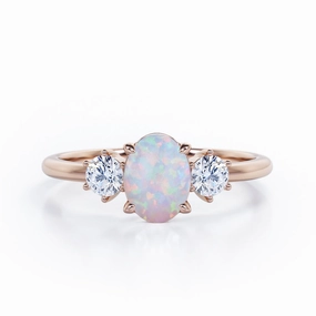 Three Stone 1.1 Ct Oval Cut Lab Created Opal Engagement Ring Special Design Excellent Gift