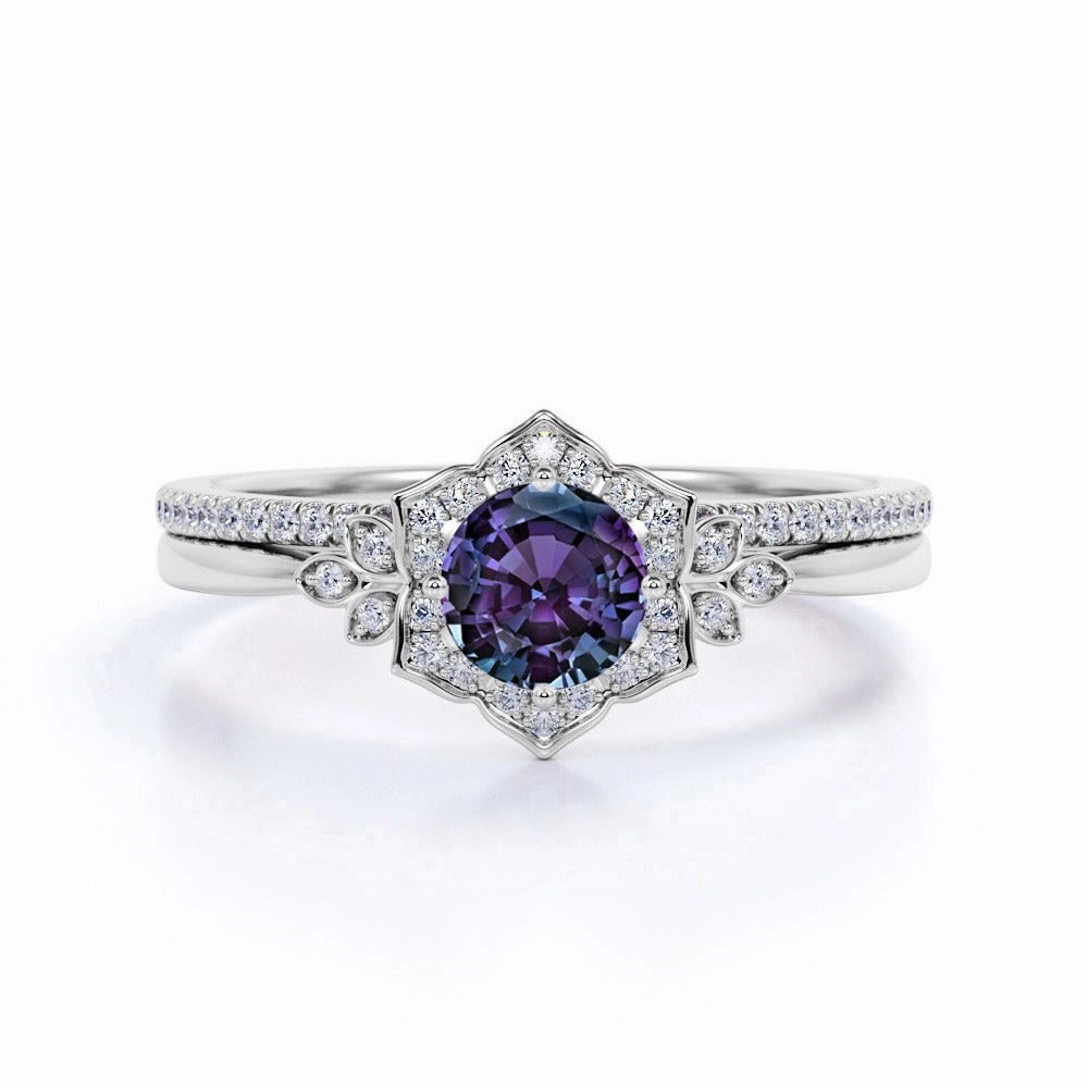 Tapered Floral Design 1.50 Carat Round Cut Lab Made Alexandrite and Diamond Cluster Pave Wedding Ring Sets for Her Delicate Work