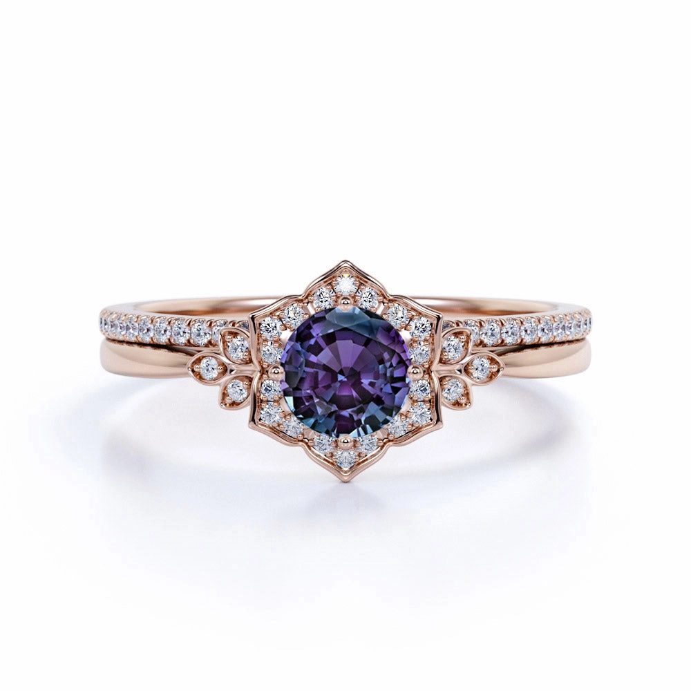 Tapered Floral Design 1.50 Carat Round Cut Lab Made Alexandrite and Diamond Cluster Pave Wedding Ring Sets for Her Contemporary Adornment Stylish Statement