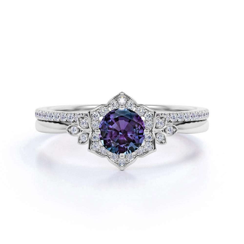 Tapered Floral Design 1.50 Carat Round Cut Lab Made Alexandrite and Diamond Cluster Pave Wedding Ring Sets for Her Bold Product