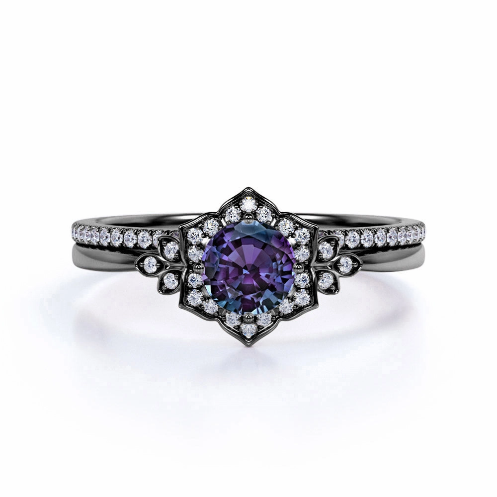 Tapered Floral Design 1.50 Carat Round Cut Lab Made Alexandrite and Diamond Cluster Pave Wedding Ring Sets for Her Branded Jewelry Quality Art