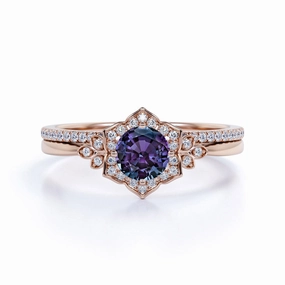Tapered Floral Design 1.50 Carat Round Cut Lab Made Alexandrite and Diamond Cluster Pave Wedding Ring Sets for Her Season Ready