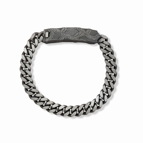 Up-to-date Infinite Composite Mens Curb Chain ID Bracelet with Handmade Snakeskin Plate Black Ruthenium Brushed Sterling Silver