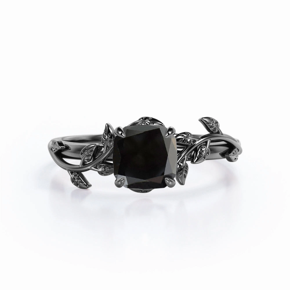 Unique Work 1 ct Cushion Lab Black Diamond Leaf Style Engagement Ring