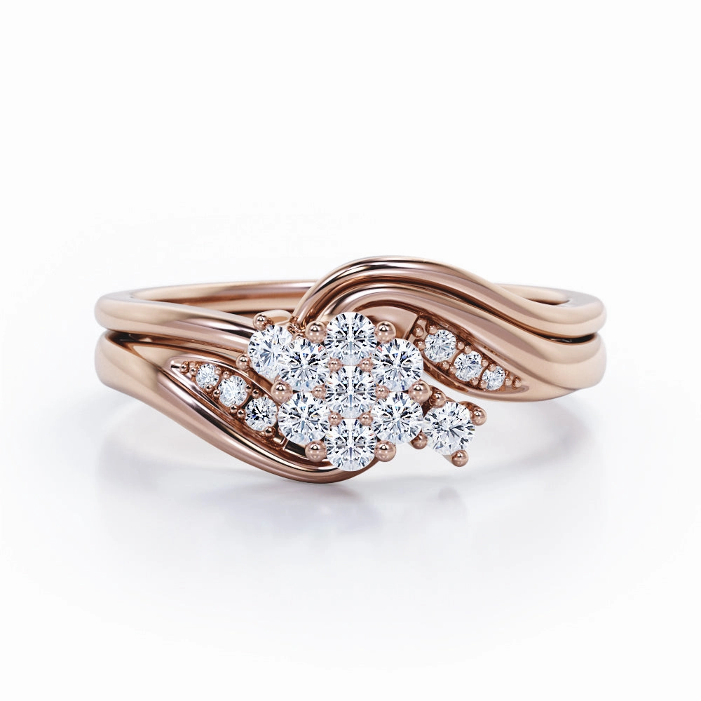 Wonderful Design Sturdy Symbol Mini Pave-Channel Tension 0.40 TCW Round Brilliant Cut Diamond Floral Cluster Bridal Ring Set in 10K White Gold