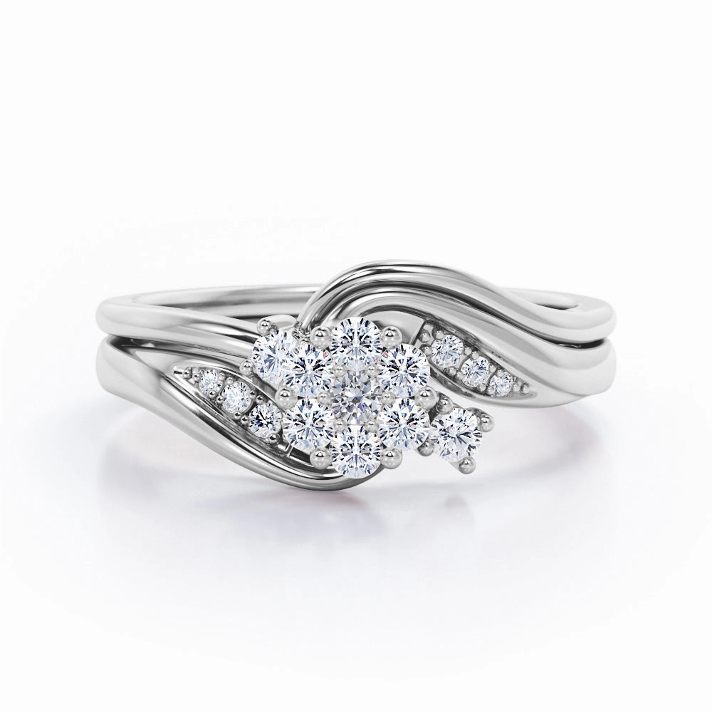 Bold Adornment Wardrobe Essential Mini Pave-Channel Tension 0.40 TCW Round Brilliant Cut Diamond Floral Cluster Bridal Ring Set in 10K White Gold