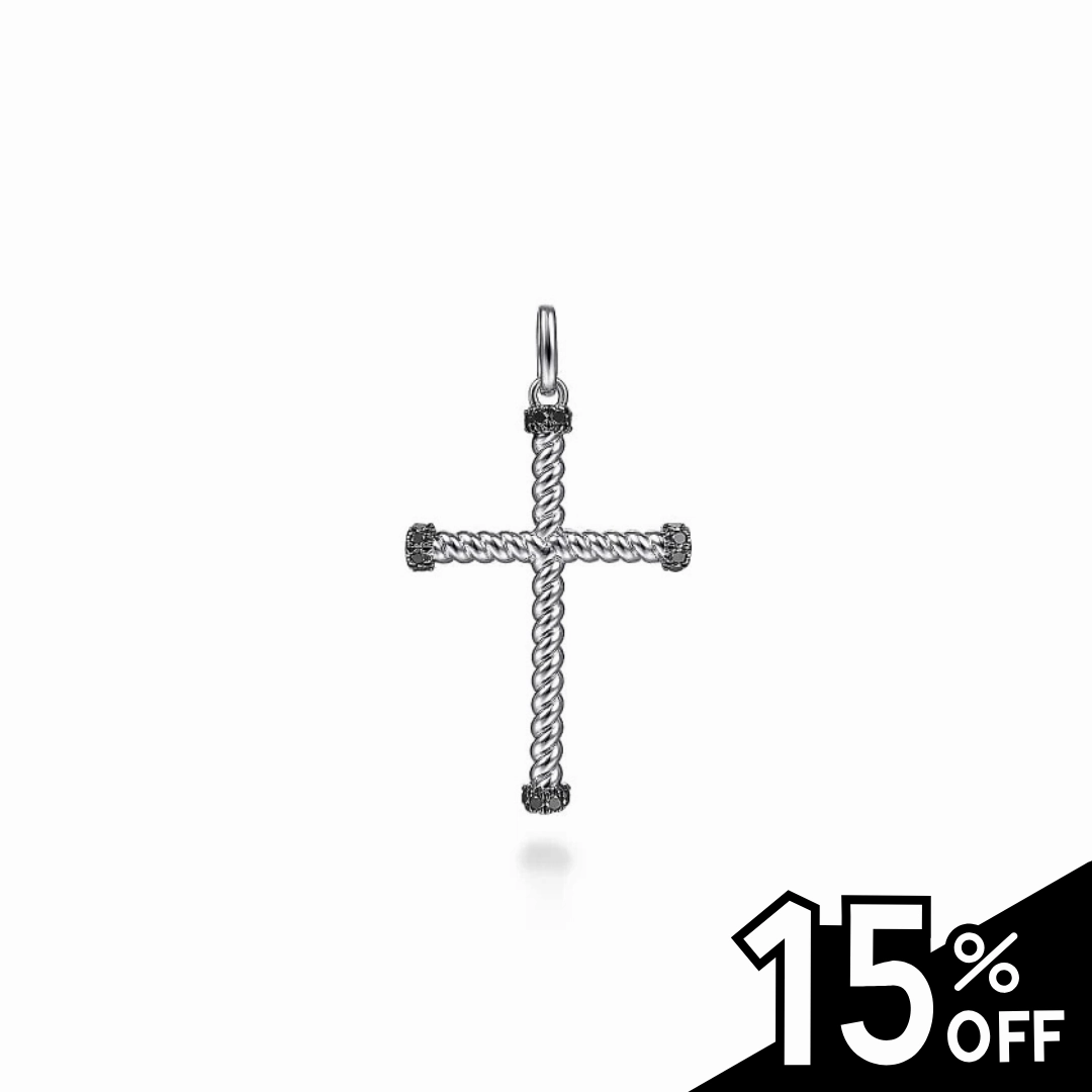 925 Sterling Silver Twisted Rope Cross Pendant with Black Spinel Chic Flow