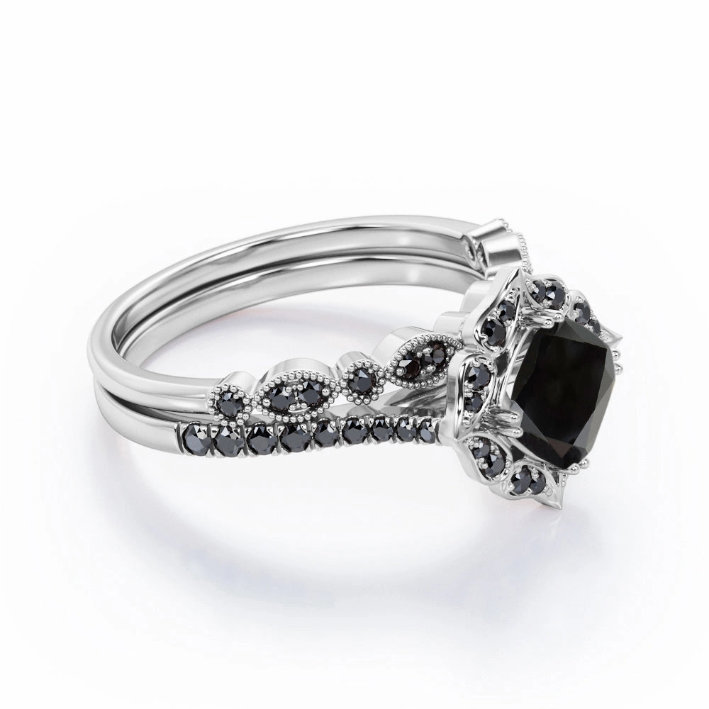 1.65 ct Cushion Lab Black Diamond Vintage Halo Bridal Set Petite Accessory Classy Present