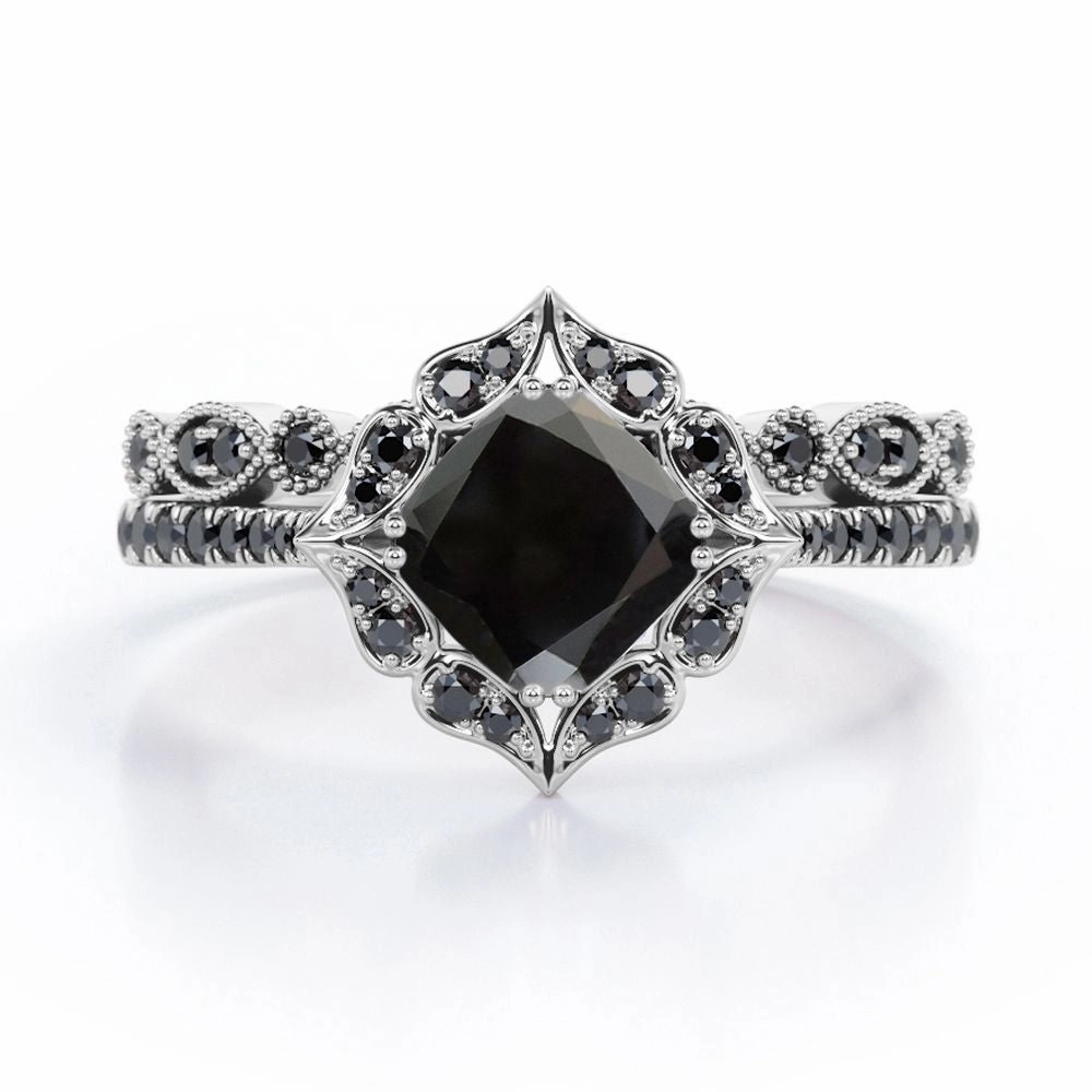 Timeless Proportion 1.65 ct Cushion Lab Black Diamond Vintage Halo Bridal Set