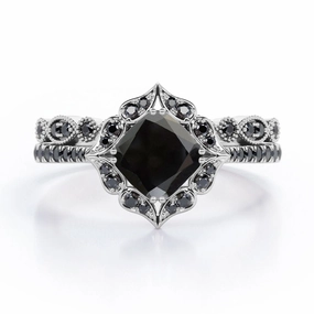 Trendy product 1.65 ct Cushion Lab Black Diamond Vintage Halo Bridal Set