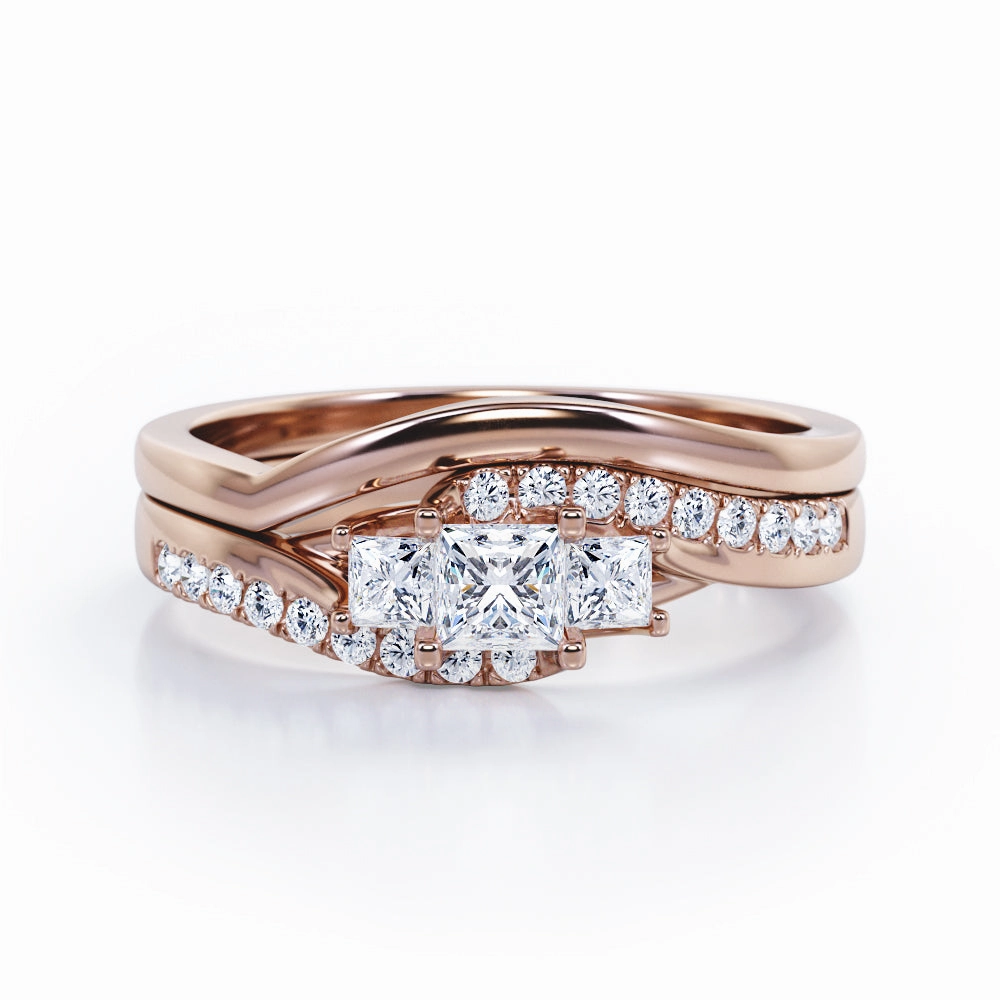 Family Present 3 Stone Tension - 0.5 TCW Princess Cut Diamond - Flush Pave Curved Shank Wedding Set - 10K White Gold