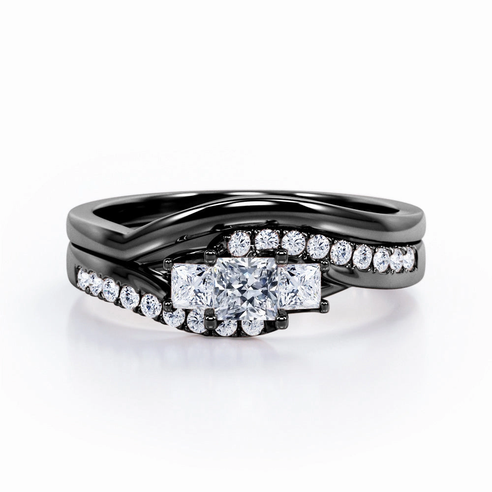 Fine Craft Hostess Gift 3 Stone Tension - 0.5 TCW Princess Cut Diamond - Flush Pave Curved Shank Wedding Set - 10K White Gold