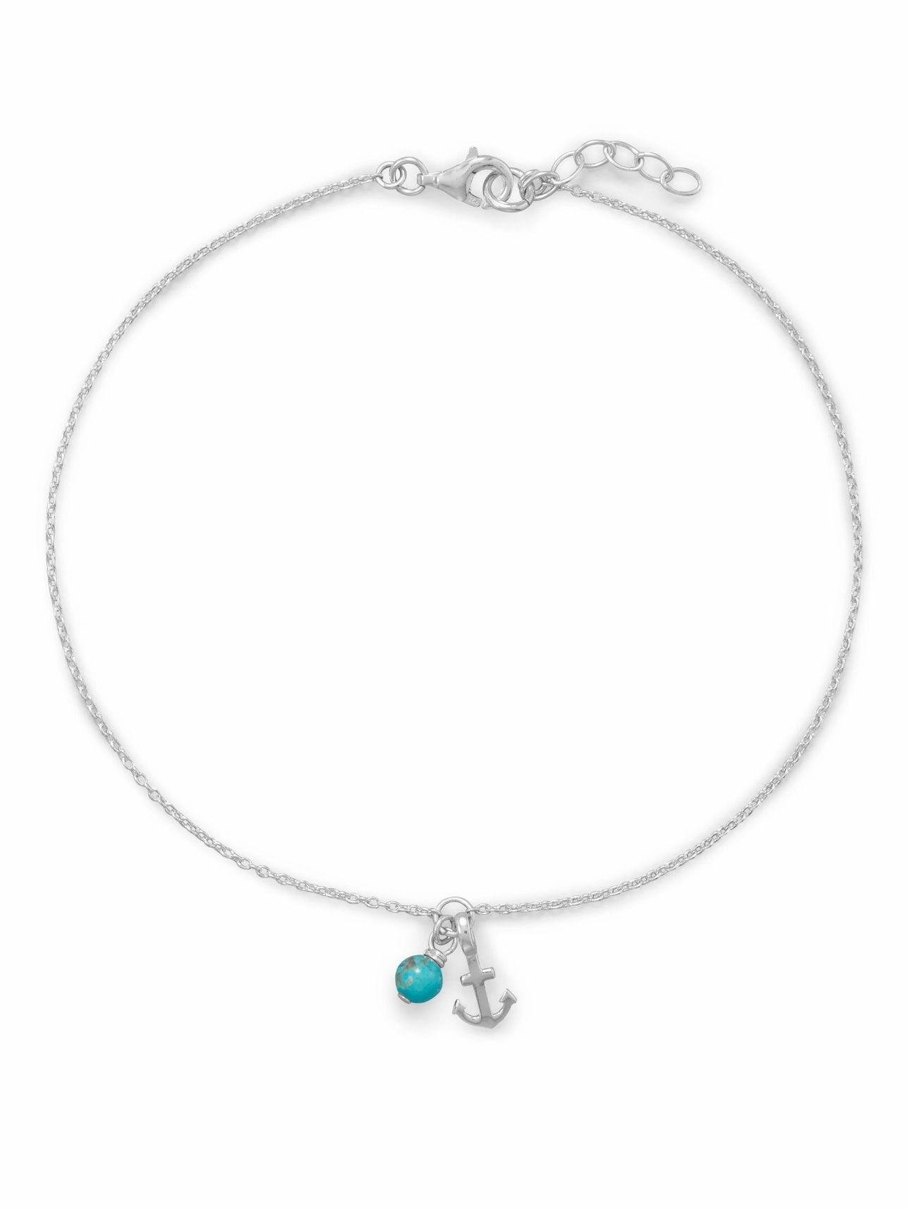 Reliable Approach Anchor Anklet and Reconstituted Turquoise Bead Adjustable Sterling Silver