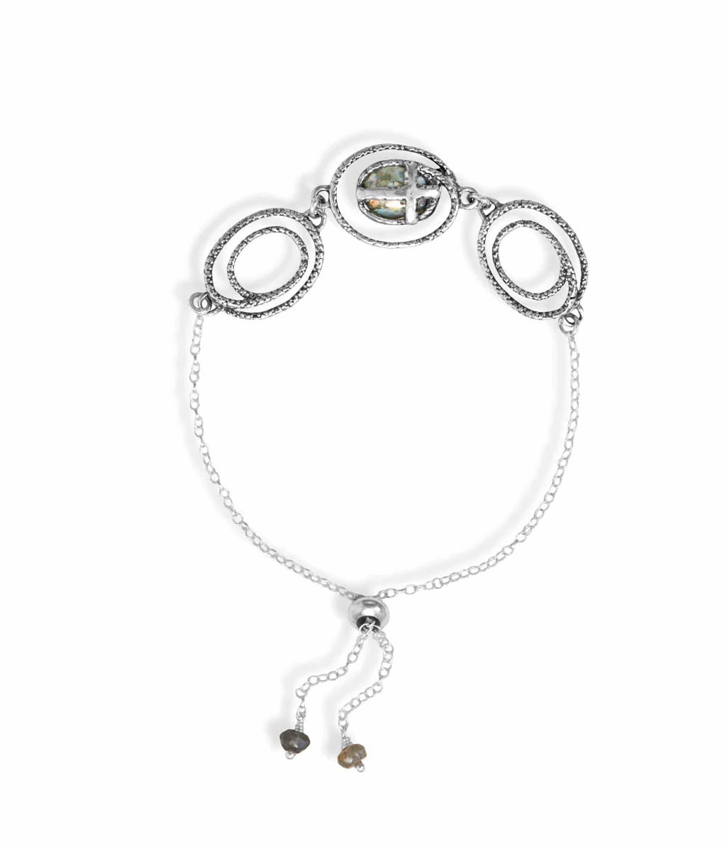Ancient Roman Glass Bolo Bracelet with Sideways Cross Sterling Silver with Labradorite Beads Proportional View