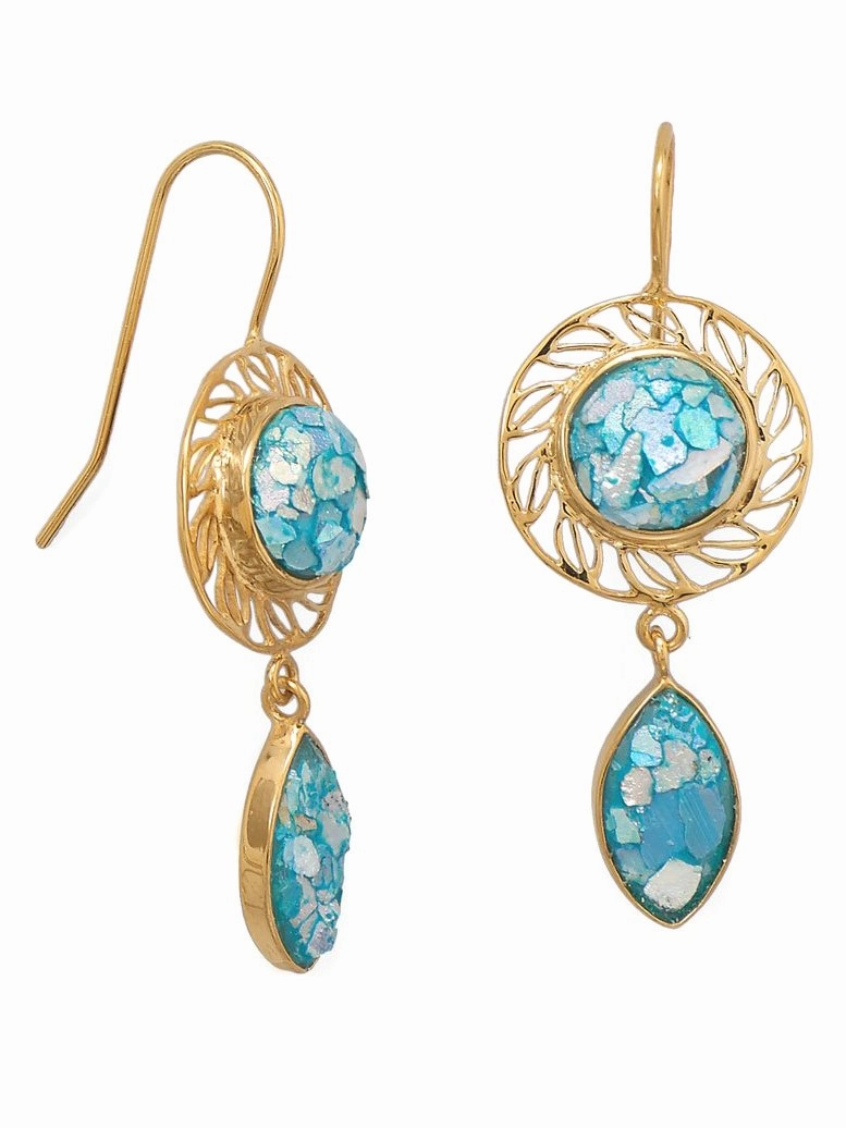 Ornate Accent Lightweight Accent Ancient Roman Glass Earrings Handcrafted Gold-plated Sterling Silver