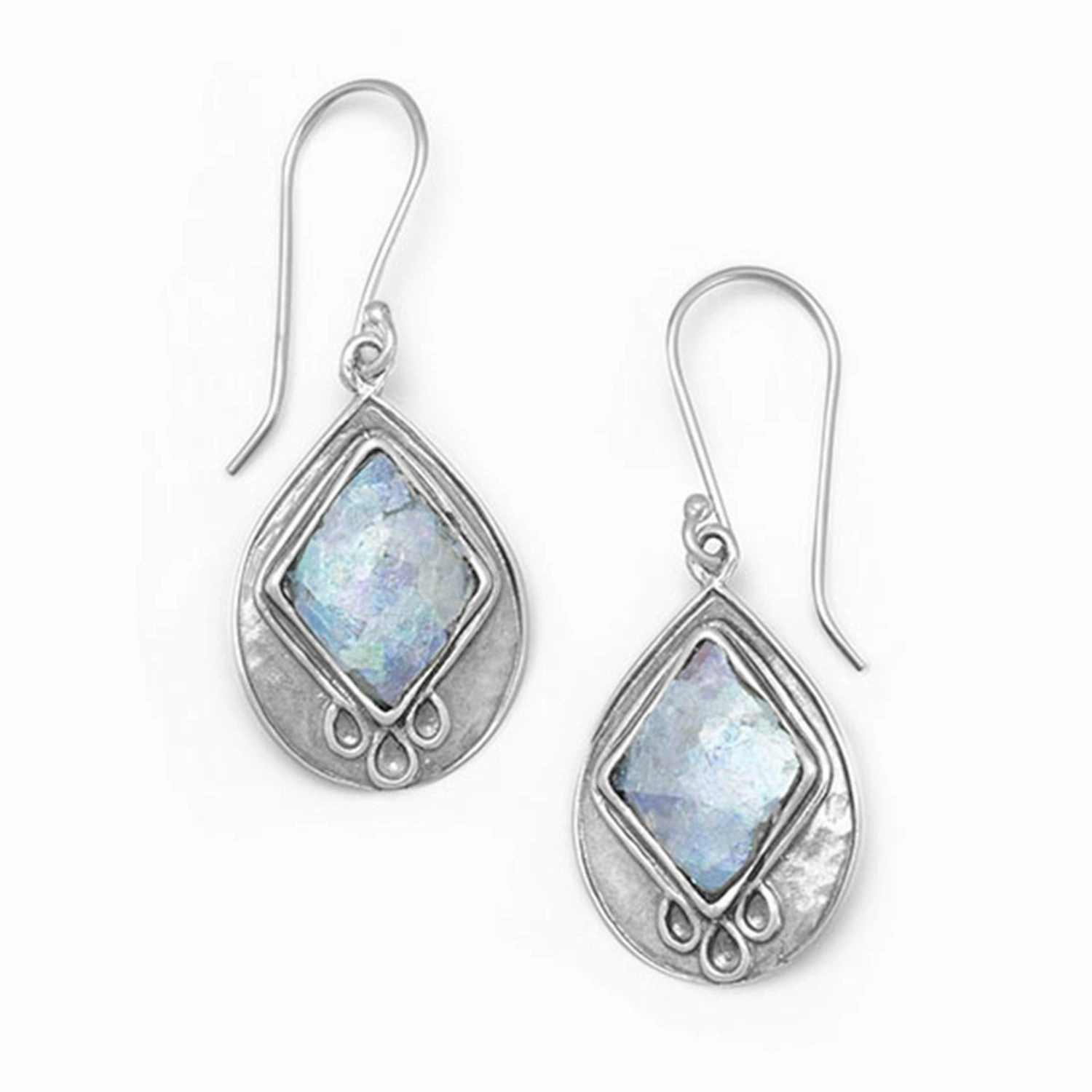 Ancient Roman Glass Earrings Teardrop with Diamond-shape Inlay Sterling Silver Decorative Creation