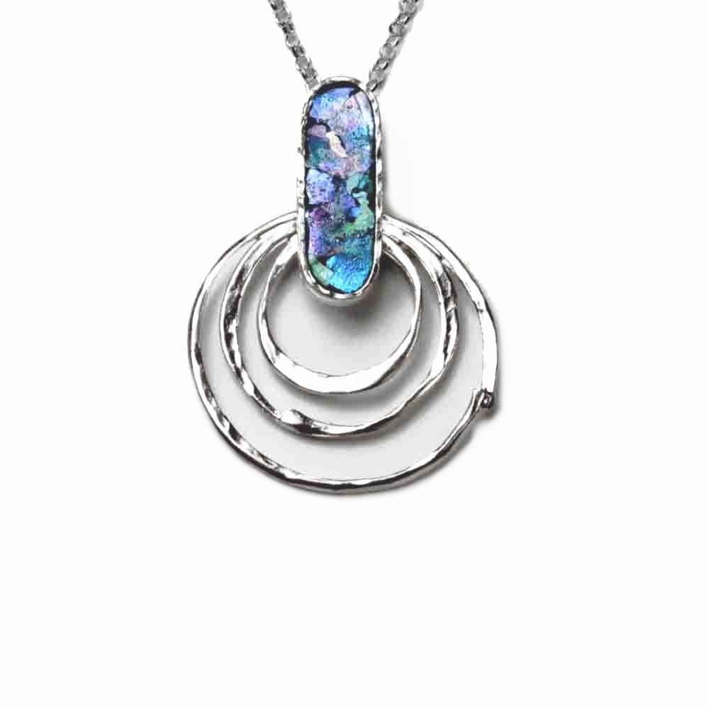 Lively Accent Modern feature Ancient Roman Glass Necklace with Oval Glass Concentric Circles Sterling Silver