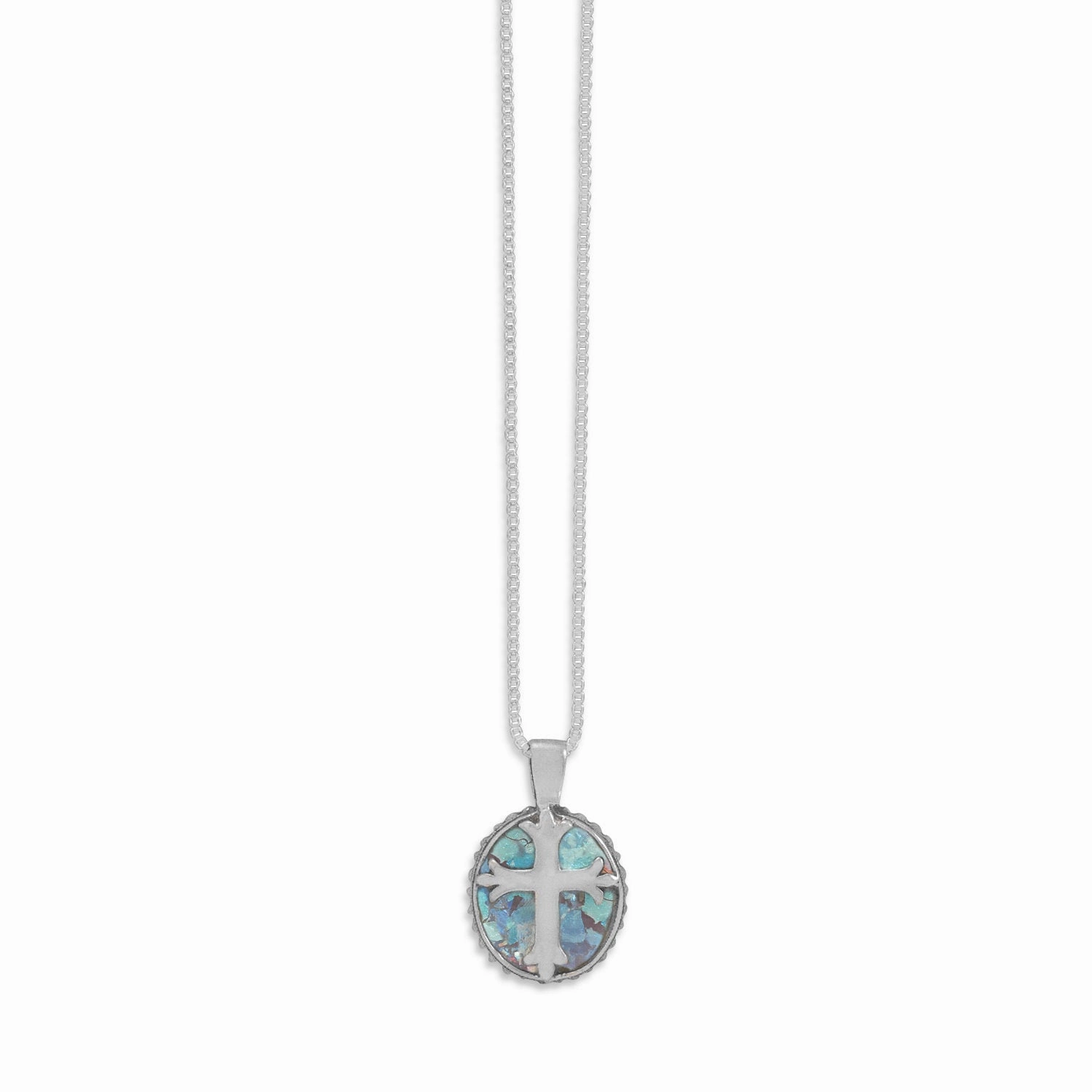 Multicolor Accessory Lively Touch Ancient Roman Glass Necklace with Solid Cross Sterling Silver Made in Israel Box Chain Included