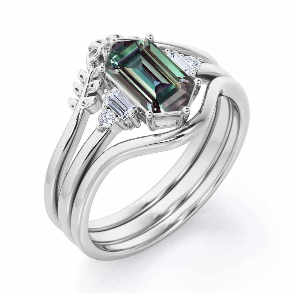 Everyday Use Unique Craft Floral 1.15 Ct Hexagon Lab Alexandrite Bridal Set