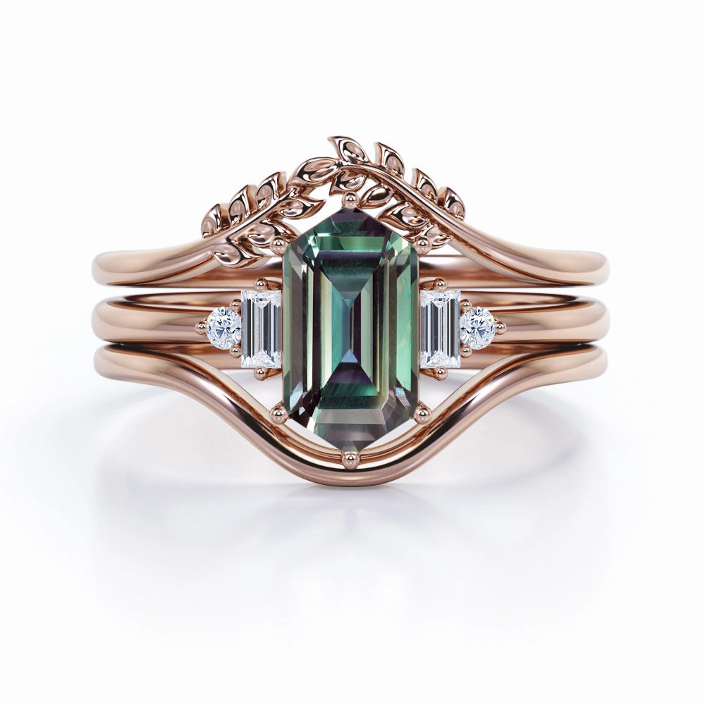 Floral 1.15 Ct Hexagon Lab Alexandrite Bridal Set Portable Size