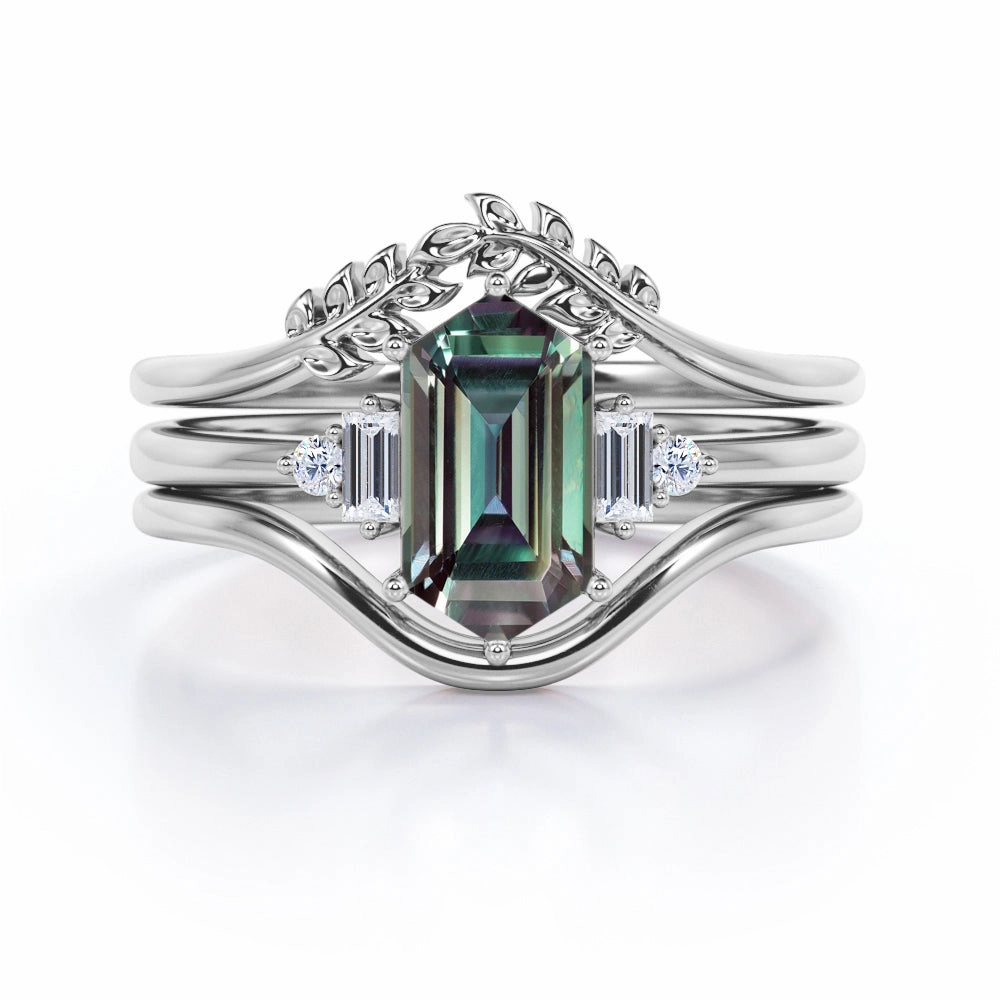 Worldly Charm Bendable Item Floral 1.15 Ct Hexagon Lab Alexandrite Bridal Set