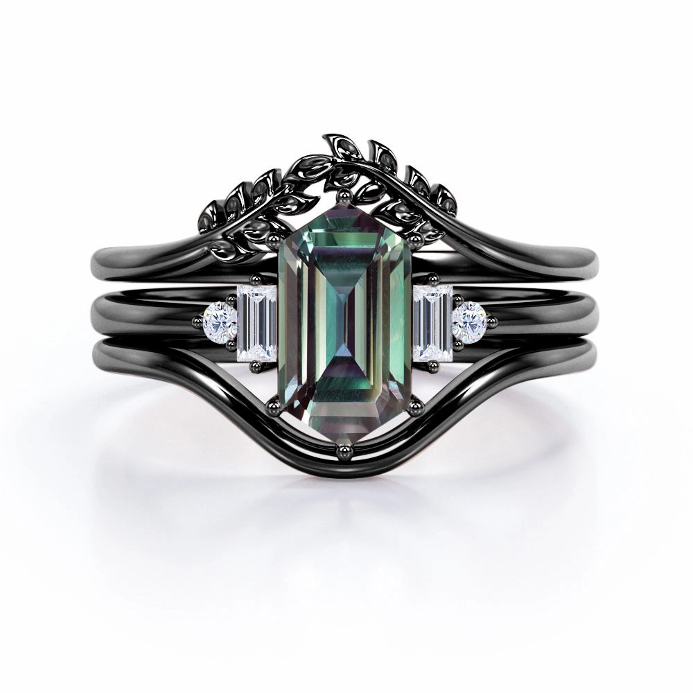 Vintage design Luxury Structure Floral 1.15 Ct Hexagon Lab Alexandrite Bridal Set