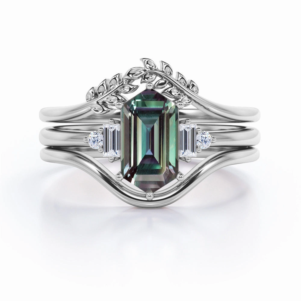 Gentle Form Floral 1.15 Ct Hexagon Lab Alexandrite Bridal Set
