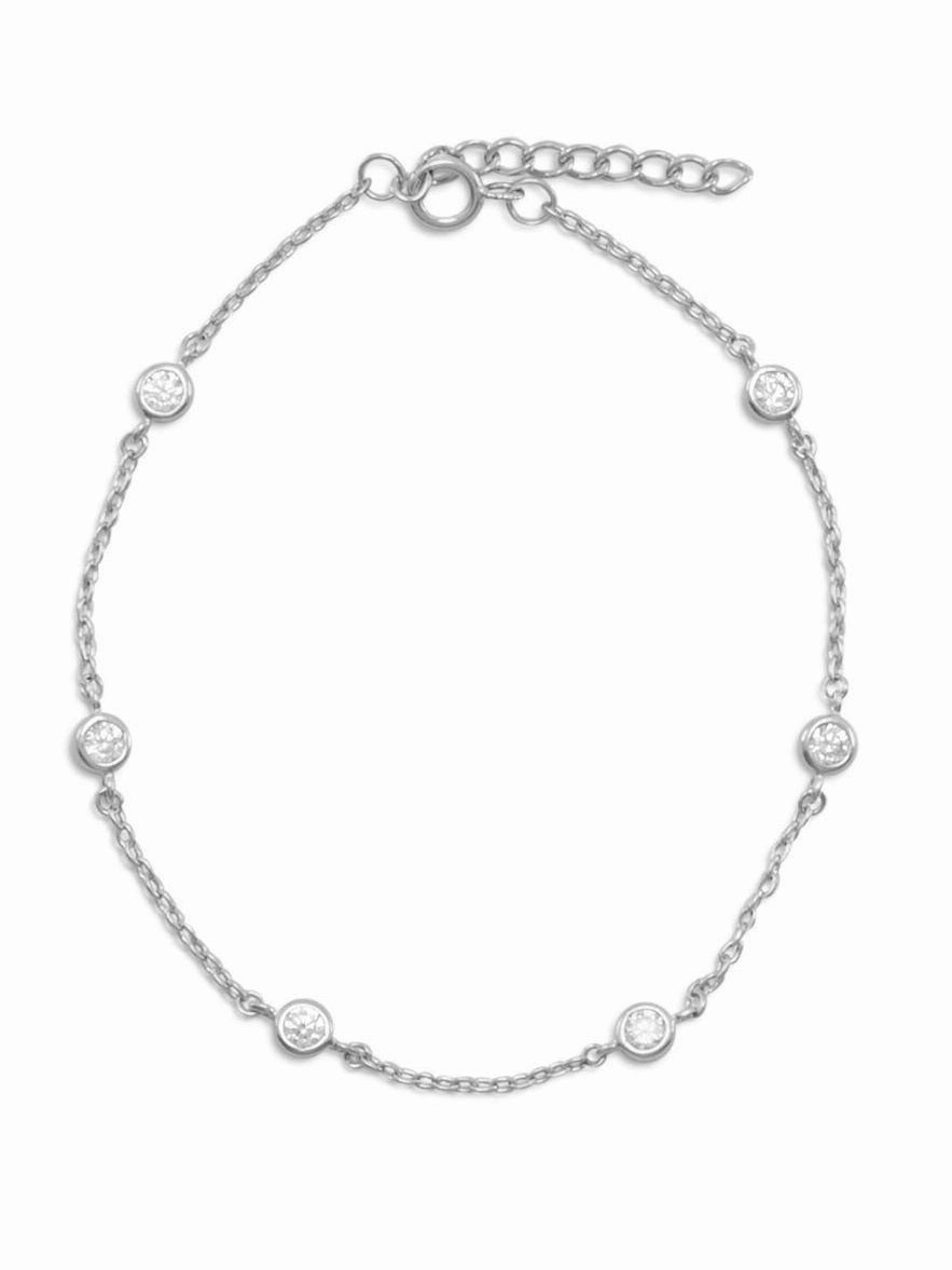 Expertly Sighted Whimsical Touch Anklet with Cubic Zirconia Rhodium Over Sterling Silver Bezel Set