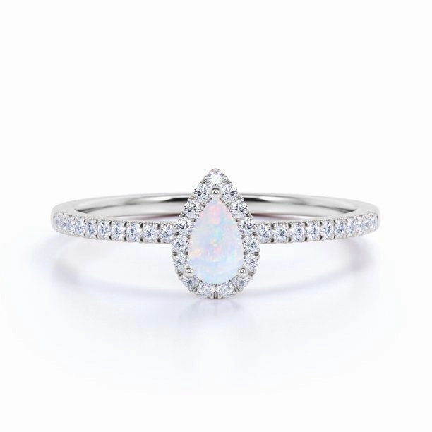 Retro Inspired Daily Simplicity 1 Ct Pear Cut Lab Created Opal Halo Engagement Ring