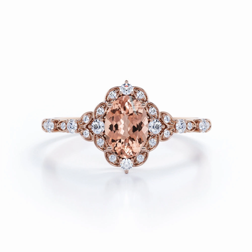 Fashion Pop Antique 1.50 ct Oval Morganite Halo Engagement Ring