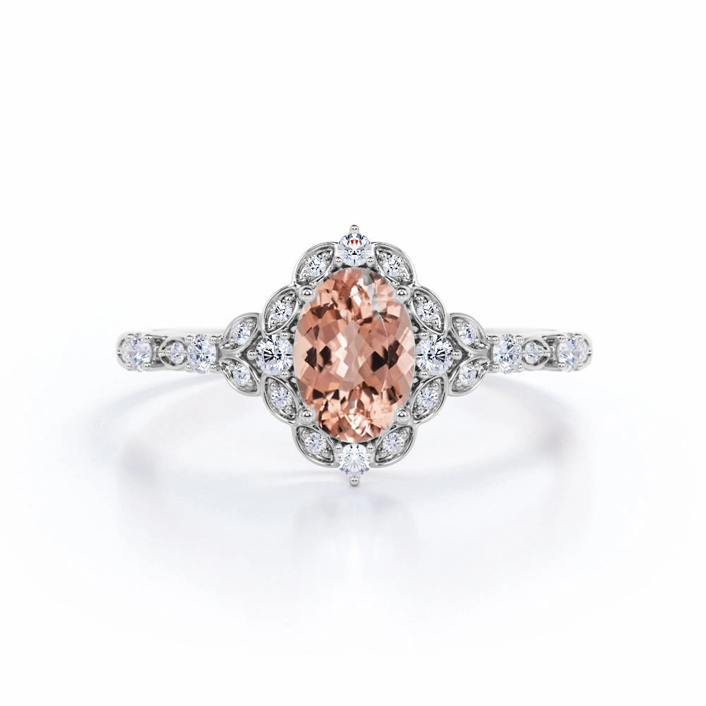 Antique 1.50 ct Oval Morganite Halo Engagement Ring Cultural Fusion