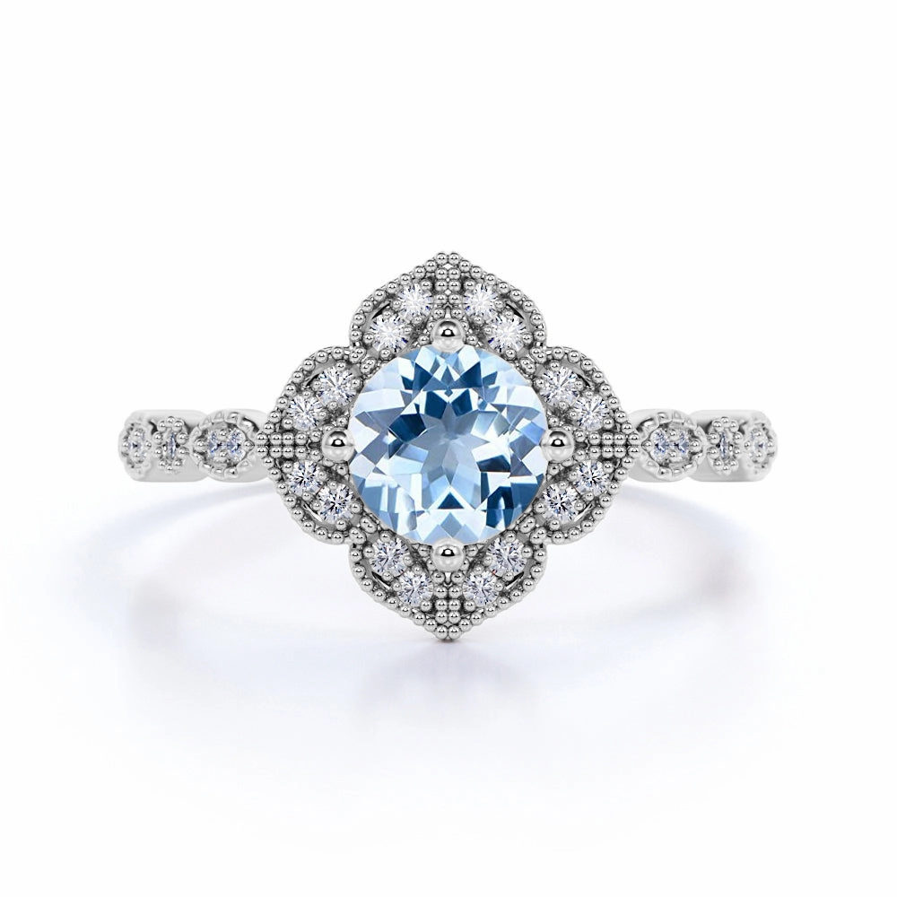 Antique 1.50 ct Round Aquamarine Migrain Engagement Ring Superior Article