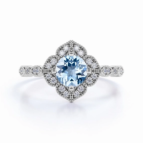 Antique 1.50 ct Round Aquamarine Migrain Engagement Ring Superior Article