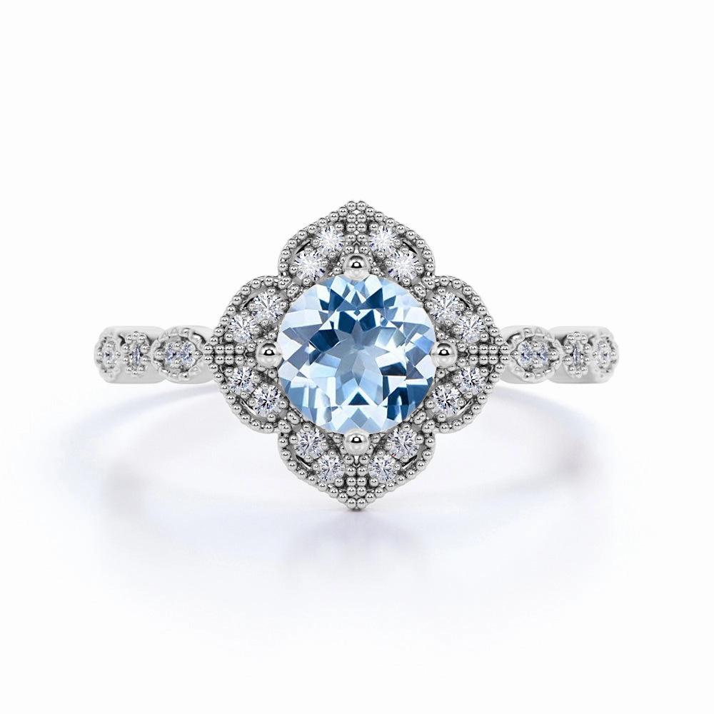 Sparkling Accent Antique 1.50 ct Round Aquamarine Migrain Engagement Ring