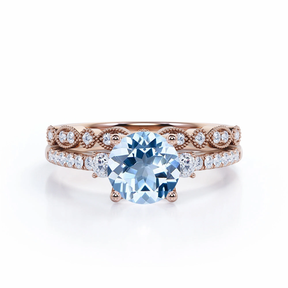 Low Profile Look Antique 1.75 ct Round Aquamarine Pave Bridal Set