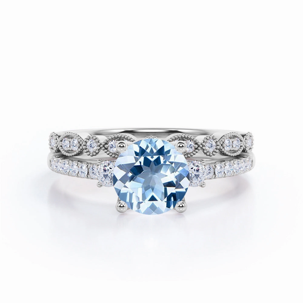 Comfortable Work Antique 1.75 ct Round Aquamarine Pave Bridal Set