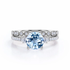 Antique 1.75 ct Round Aquamarine Pave Bridal Set Hypoallergenic Symbol