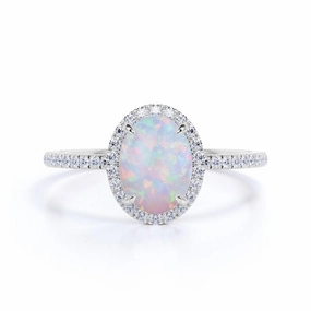 Gentle Texture Antique 1 ct Oval Cut Opal and Moissanite Halo Promise Ring in 18k White Gold over Silver