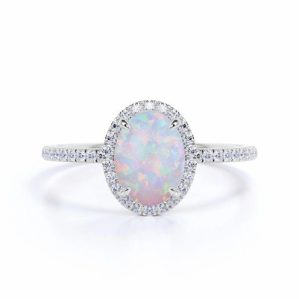 Gentle Texture Antique 1 ct Oval Cut Opal and Moissanite Halo Promise Ring in 18k White Gold over Silver