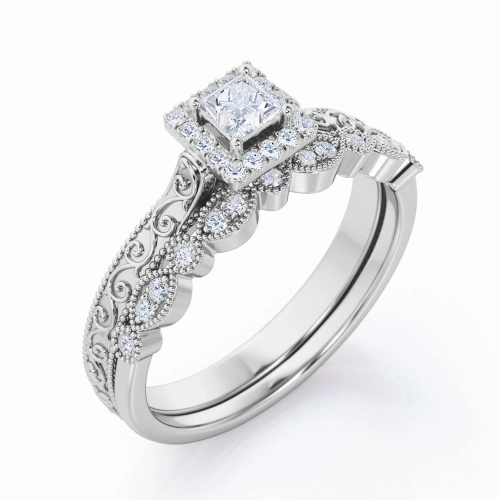 Luxury Flow Antique 1 Ct Princess Cut Diamond Bridal Set