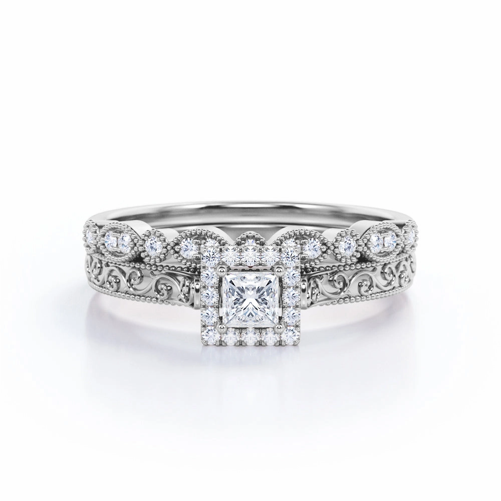 Luxury Line Antique 1 Ct Princess Cut Diamond Bridal Set