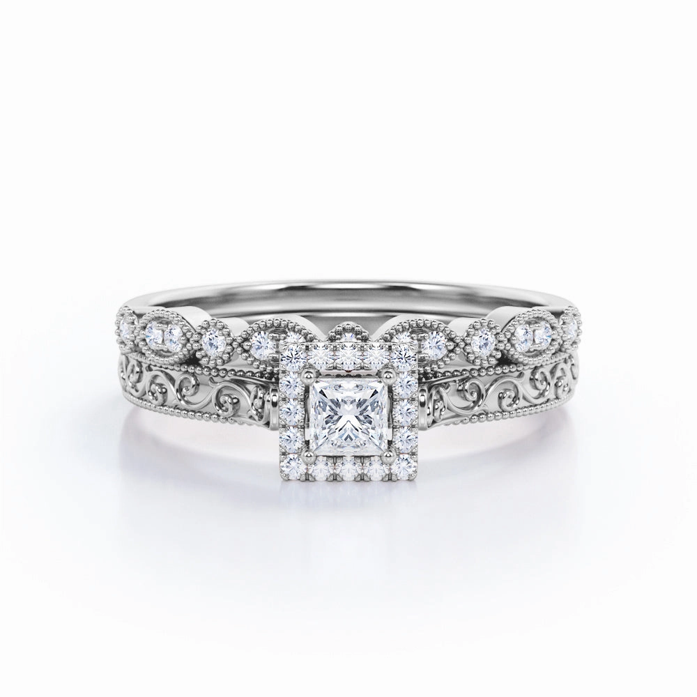 Sentimental Style Durable Gift Antique 1 Ct Princess Cut Diamond Bridal Set